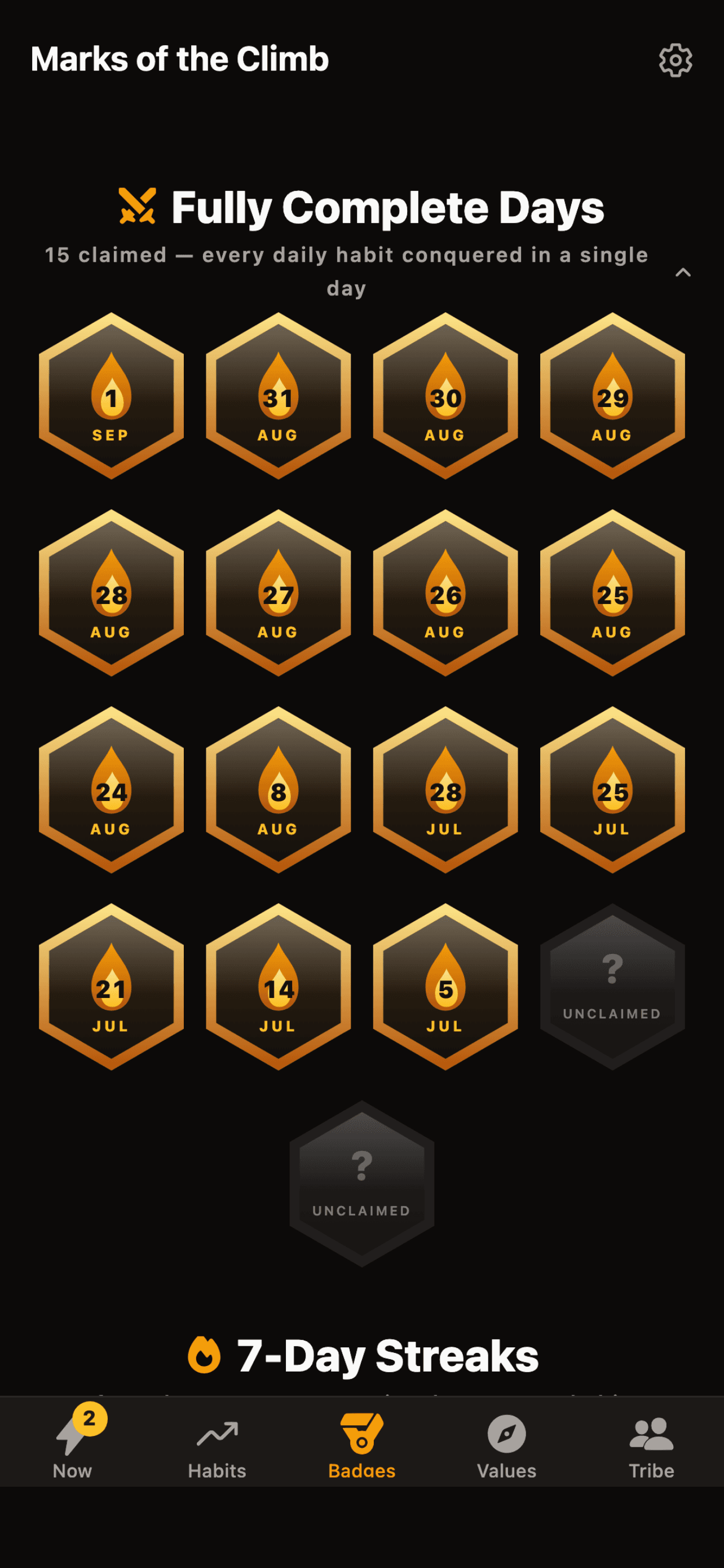 The Badges wall: gold coins for fully-conquered days and violet flames for 7-day streaks