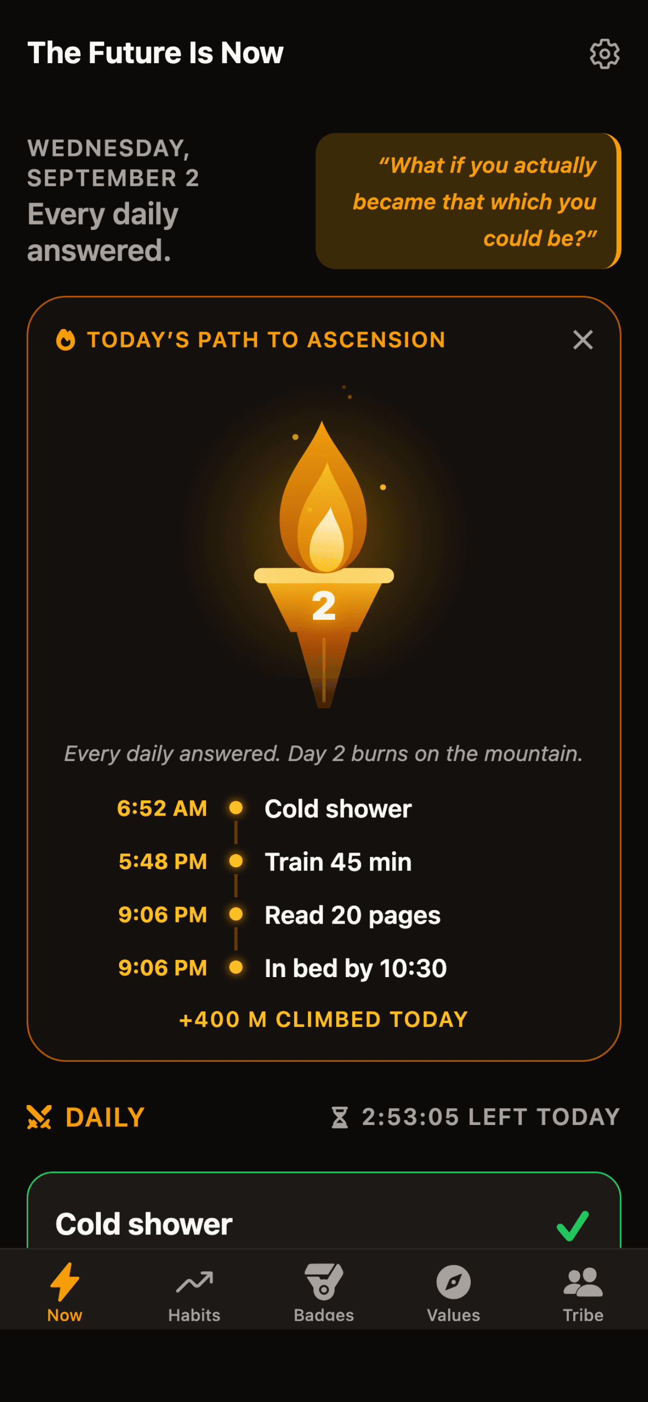 The torch of today: every daily answered, the flame burning, the day's timeline beneath it