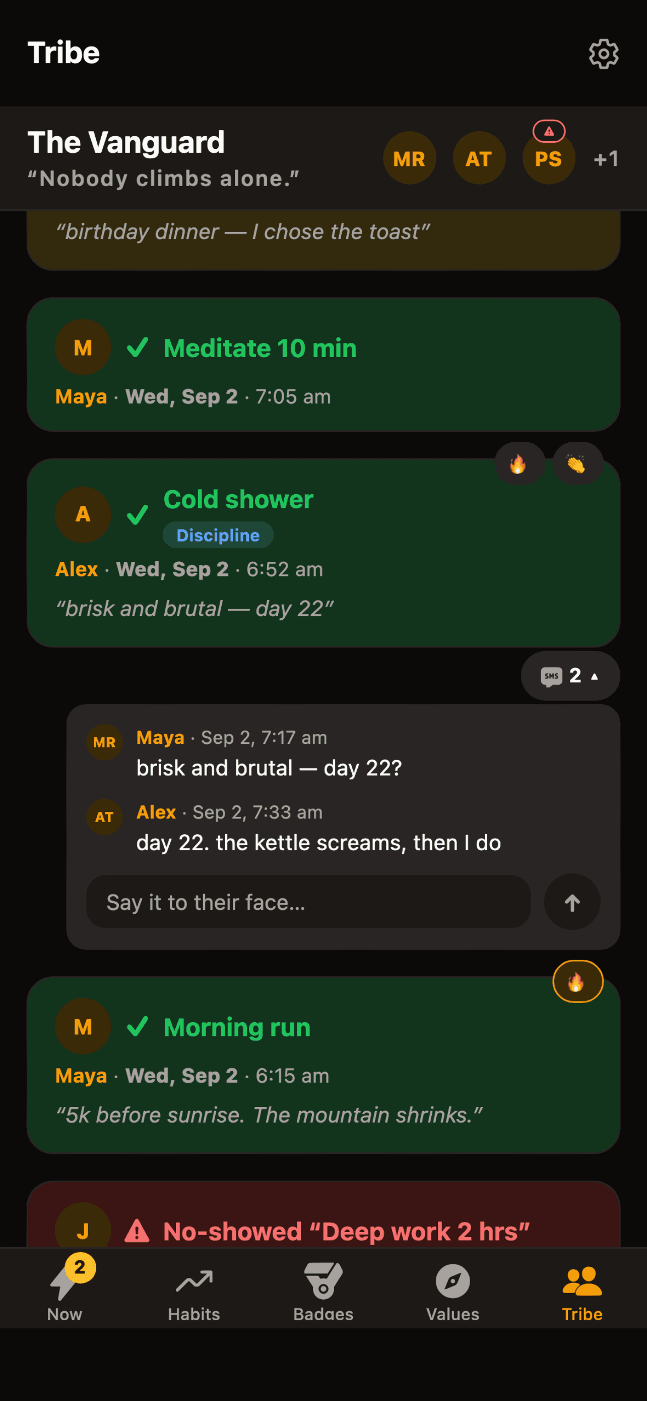 The tribe feed: conquered habits with reactions, a comment thread, and an honest fail