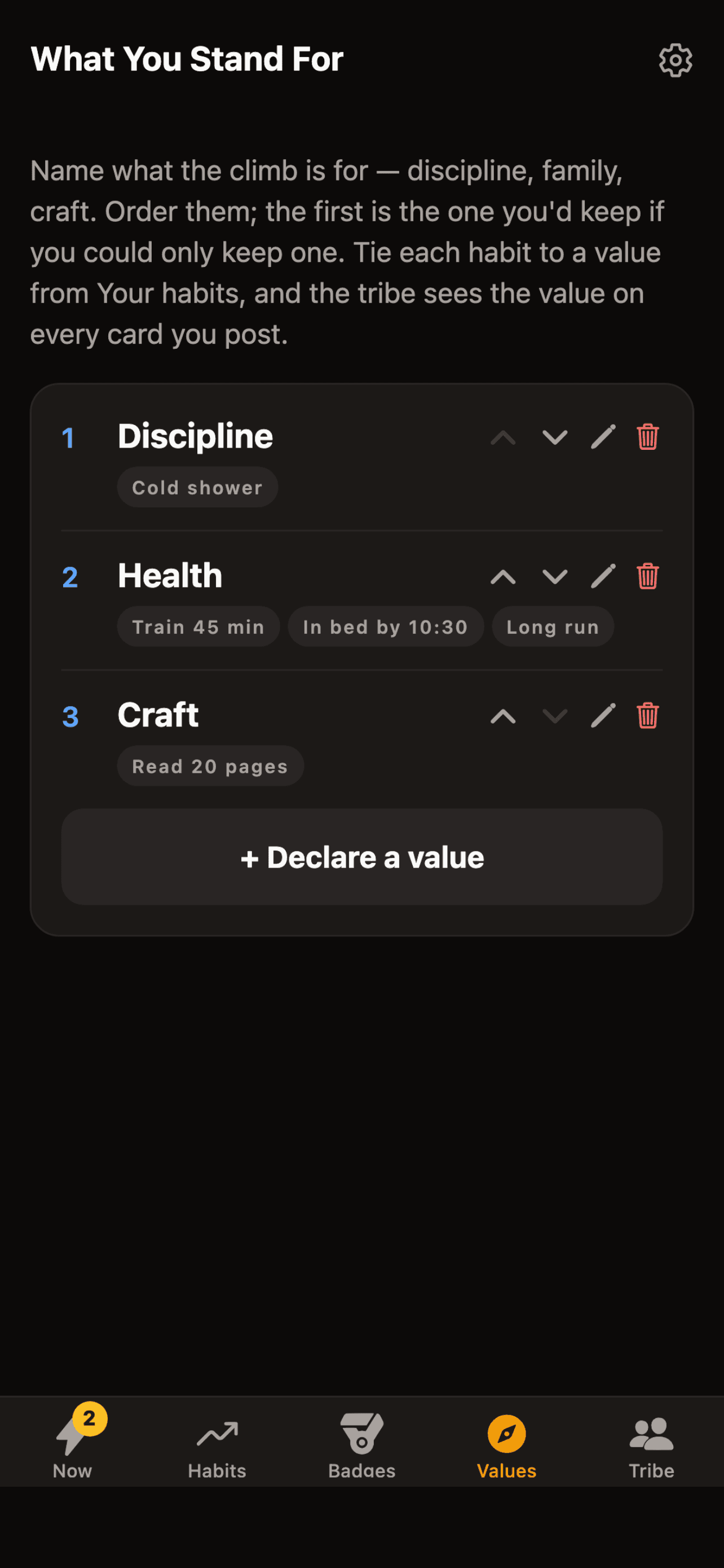 The Values creed: an ordered list of what the climb is for, each with the habits tied to it