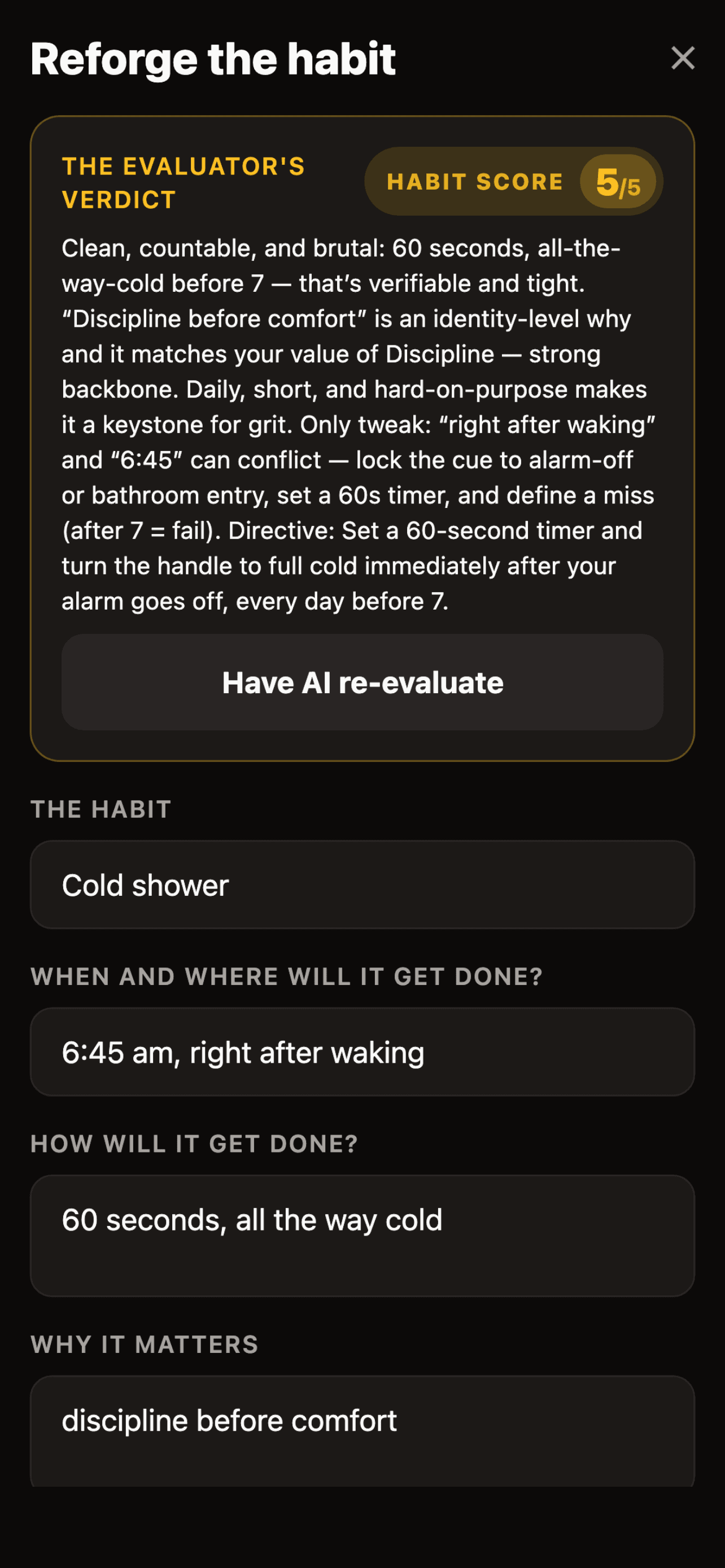 The AI evaluator's verdict: a 5-out-of-5 habit score with a tough-love coaching report